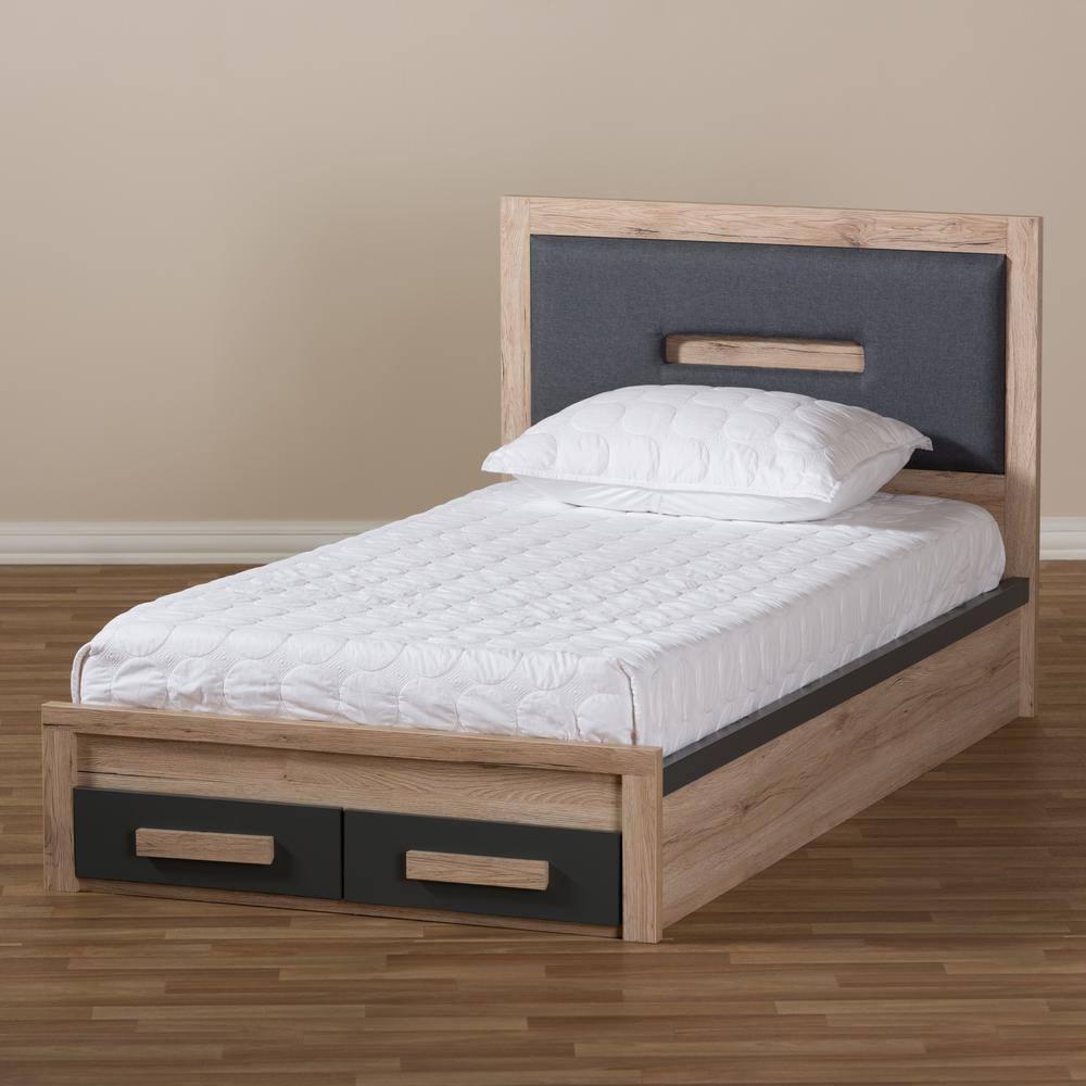 Baxton Studio Twin Pandora Modern and Contemporary Two Tone 2 Drawer Size Storage Platform Bed Dark Gray/Natural: Upholstered Headboard