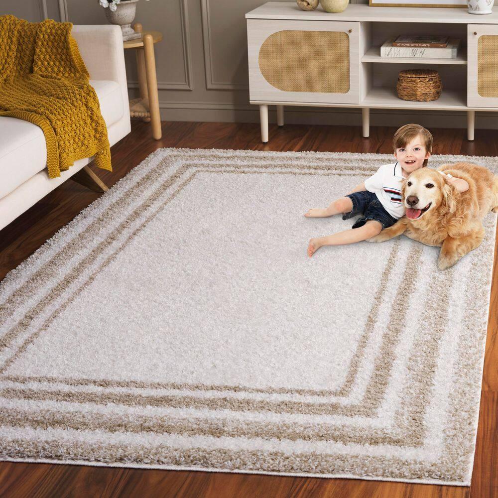Border & Stripe Shag 200 BSP251 Machine Made Loomed Area Rug - Ivory/Beige - 5'-3" X 7'-6" - Safavieh