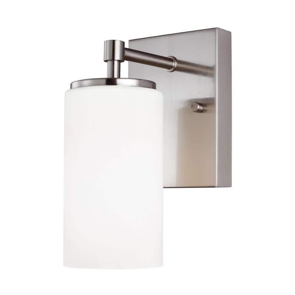 Alturas 4.375 in. Brushed Nickel Modern Contemporary Wall Sconce Vanity Light with Satin Etched Glass Shade