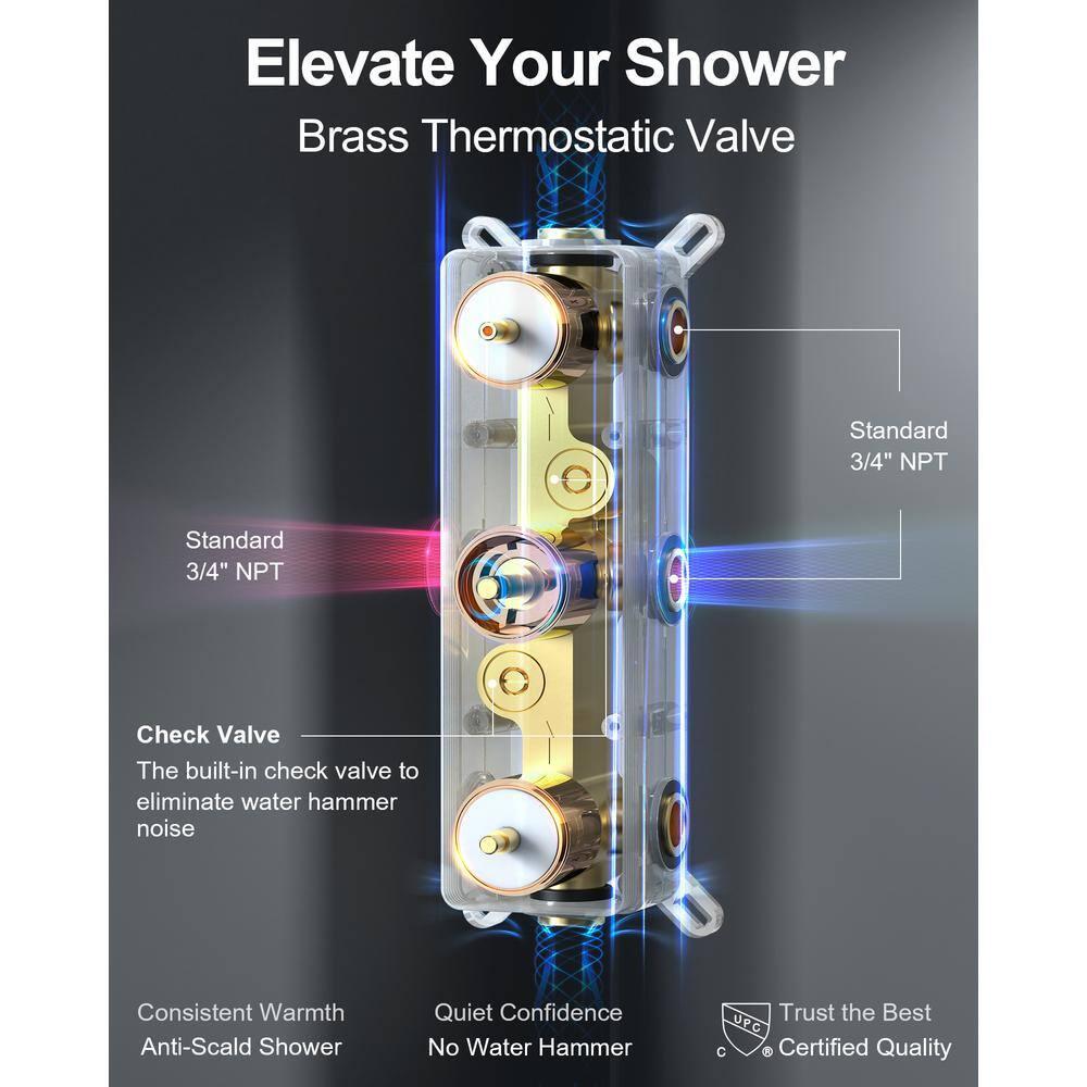 GRANDJOY RGB LED 5-Spray Shower System Ceiling Mount 12 in. Fixed and Handheld Shower Head Shower Faucet Set Thermostatic Valve Kit Rose Gold