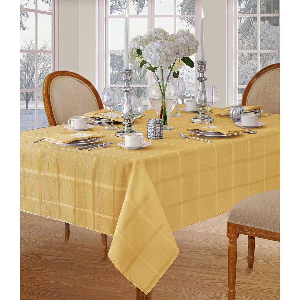 Elegance Plaid Stain & Water Resistant Tablecloth - 60" x 84" Rectangle - Ribbon Gold - Elrene Home Fashions