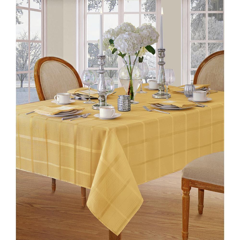 Elegance Plaid Stain & Water Resistant Tablecloth - 60" x 144" Rectangle - Ribbon Gold - Elrene Home Fashions