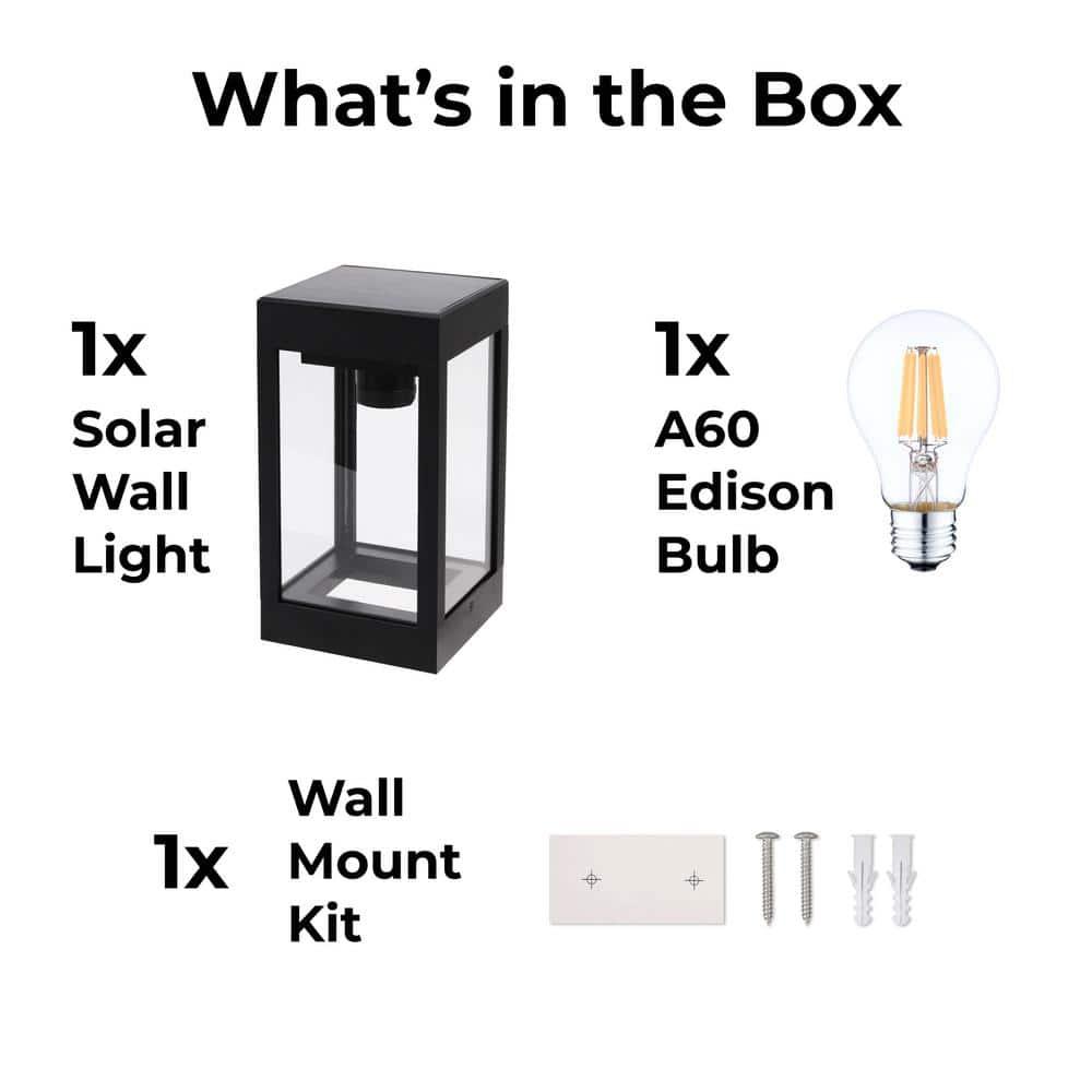 60 Lumens Solar Outdoor Black Aluminum Wall Light Integrated LED Edison Bulb