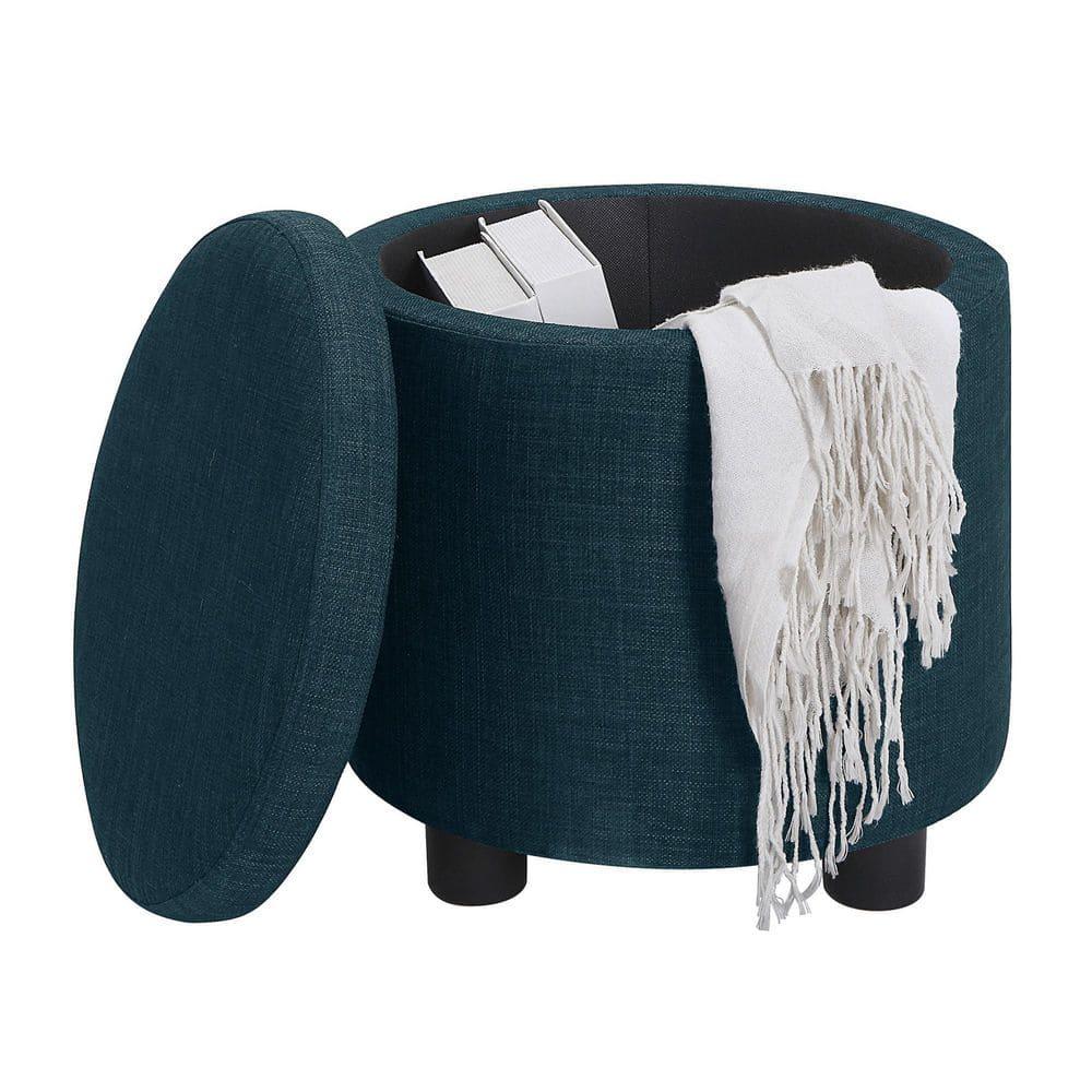 Designs4Comfort Round Accent Storage Ottoman with Reversible Tray Lid, Dark Blue Fabric