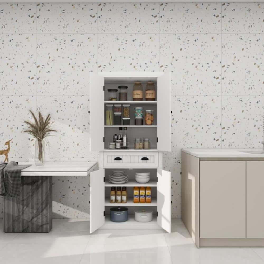 Canddidliike 71" Storage Cabinet with 4 Doors, Drawer, 2 Adjustable Shelves, Freestanding Cupboard for Dining Room Living Room, Laundry-White