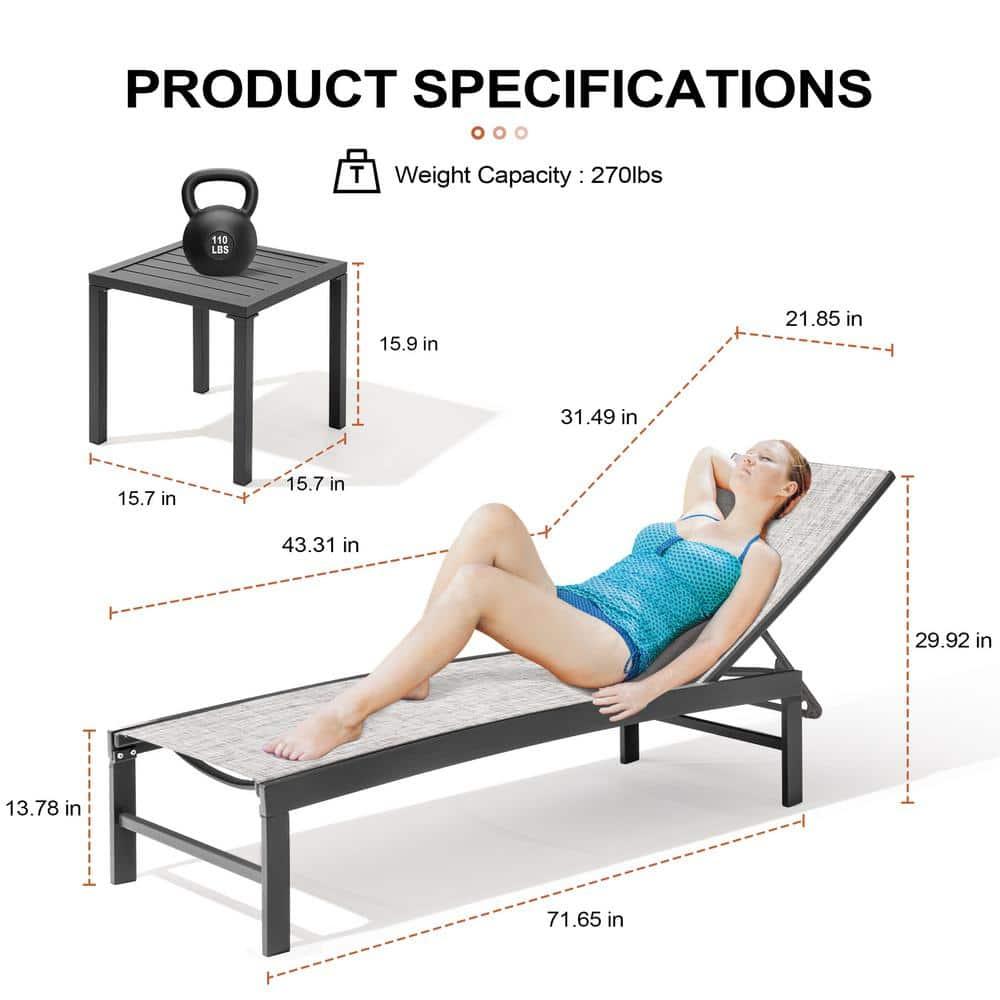 Crestlive Products Outdoor Aluminum Textilene Chaise Lounge Chairs and Table Set of 3 Earth Fabric, Dark Grey Frame