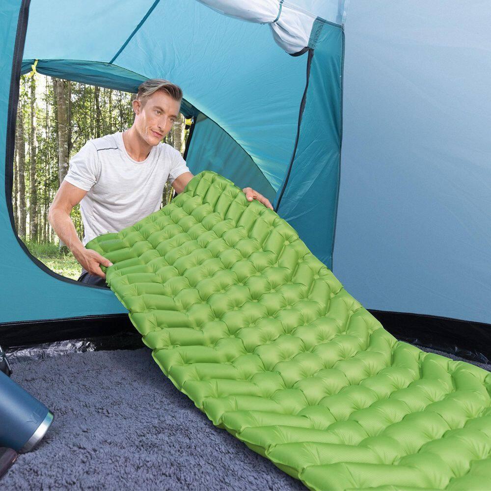 Bestway WanderLite 74 Inch by 23 Inch Regular Rectangular Nylon Fabric Outdoor Sleeping Air Pad with Repair Patch and Storage Bag, Green