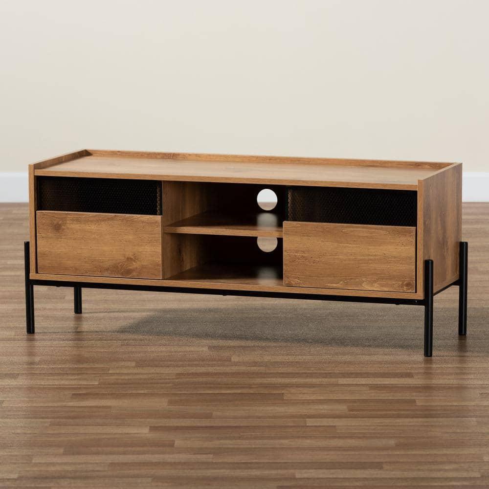 Tasman Wood and Metal 2 Door TV Stand for TVs up to 45" Natural Brown/Black - Baxton Studio