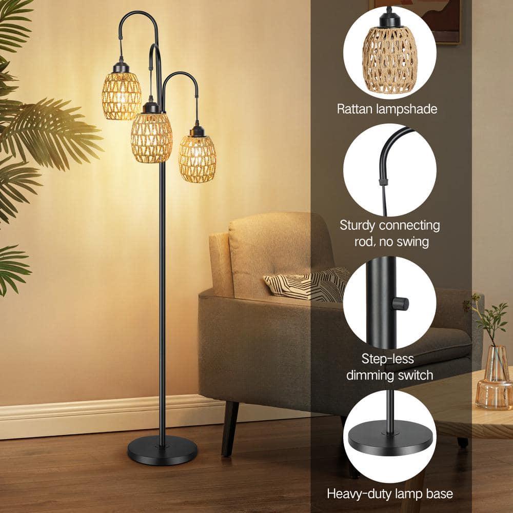OUTON 69'' Tree Floor Lamp for Living Room Clearance, 3 Light Dimmable Tall Standing Lamp with Rattan Lampshade, Farmhouse Floor Lamp with 3 LED Bulbs for Bedroom Office, Boho