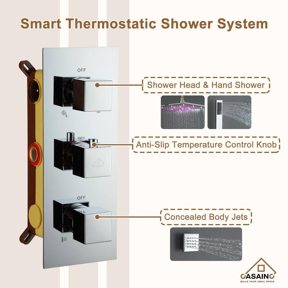 3-Function Luxury Ceiling Mount 12 Inch LED Thermostatic Shower System with 6 Body Jets