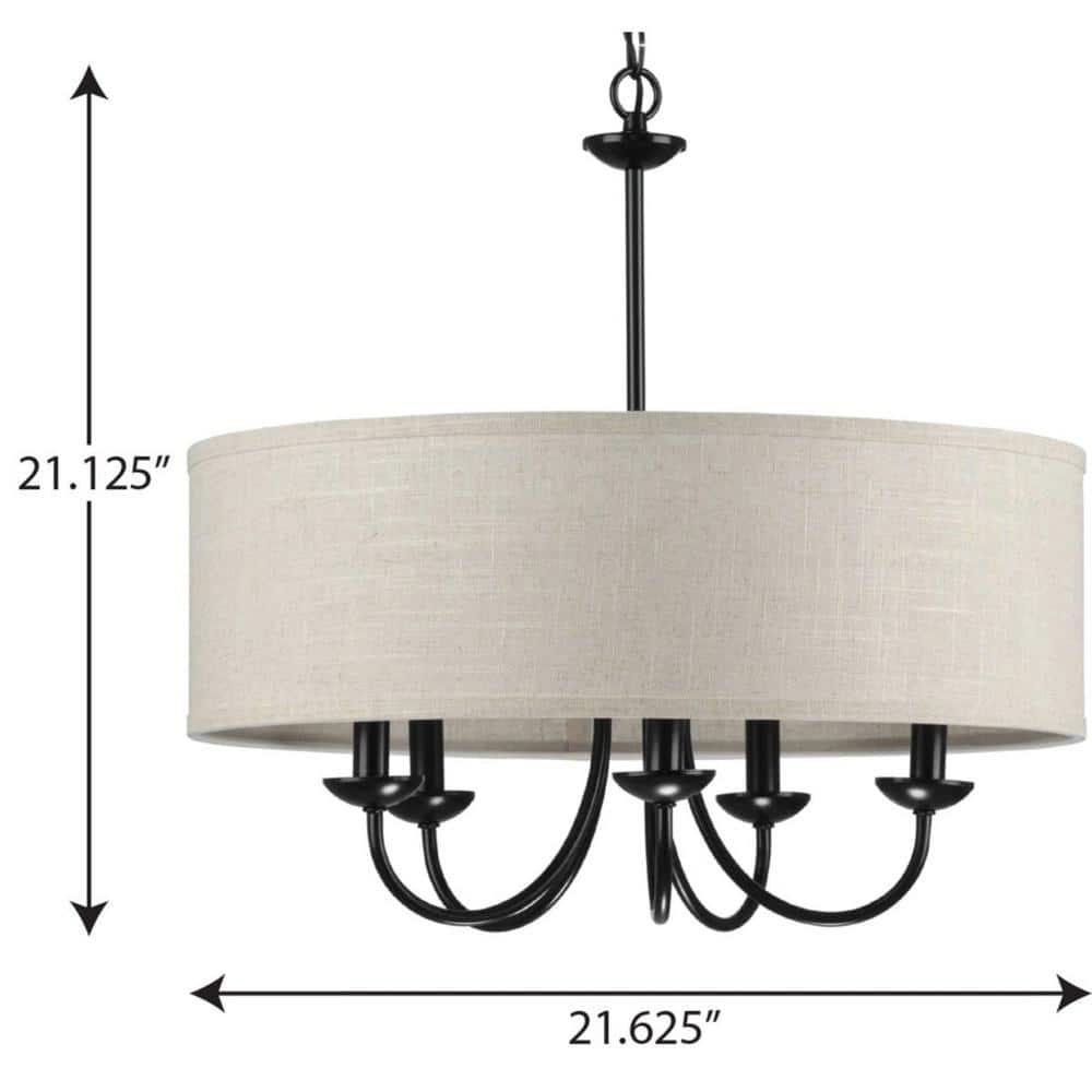 Progress Lighting, Drum Shade Collection, 5-Light Pendant, Black Finish, Harvest Linen Shade