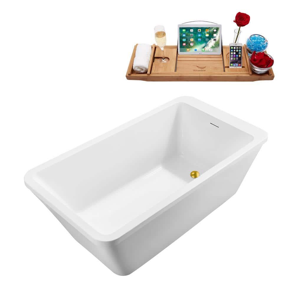 60'' Streamline Freestanding Soaking Acrylic Bathtub With Drain and Bamboo Tray