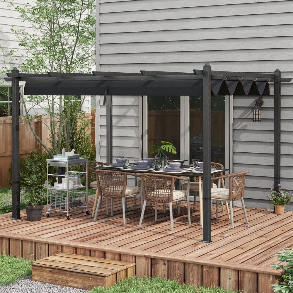 Outsunny 10' x 12' Outdoor Retractable Pergola, Heavy Duty Wood Grain Aluminum with Weather Resistant Fabric Sun Shade Canopy, Patio Shelter, Gray