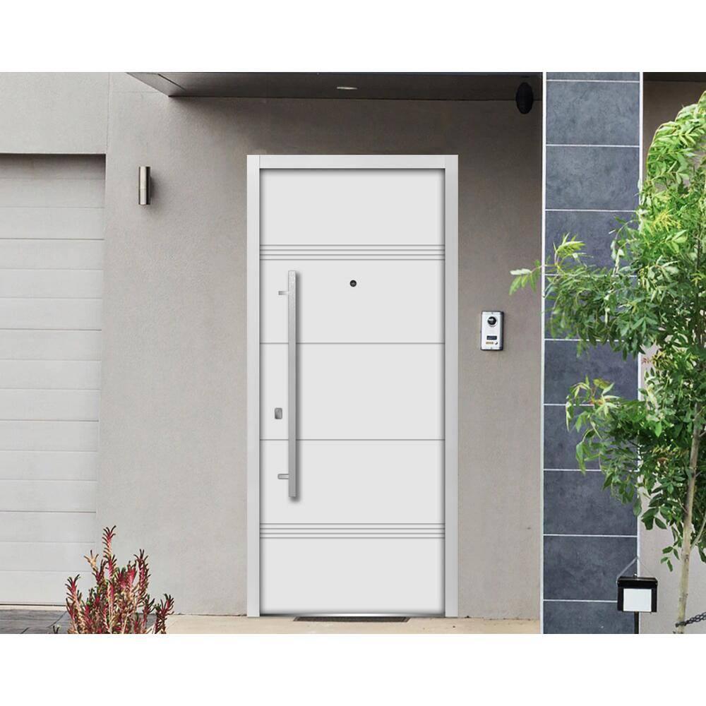 VDOMDOORS Front Exterior Prehung Steel Door 36 x 80 inches Right-Hand/Deux 1705 White Enamel/Horizontal Lines Single Modern Painted