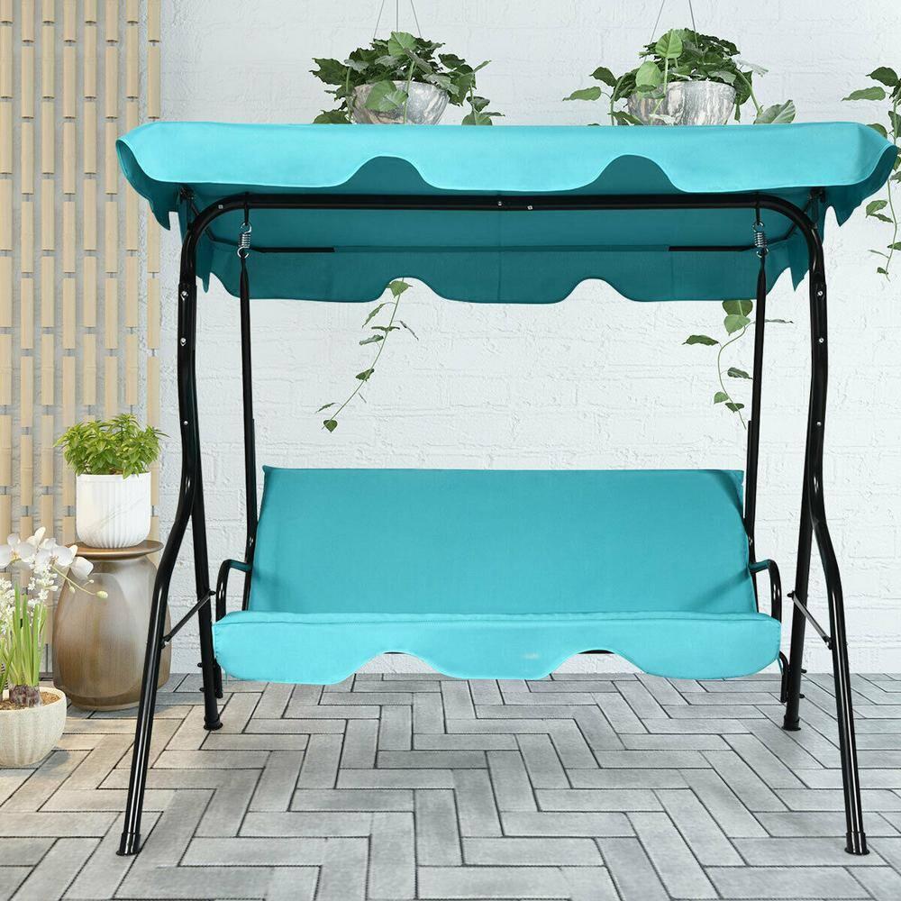 Tangkula 3-Seats Outdoor Glider Hammock with Adjustable Waterproof Canopy Aluminum Frame Patio Swing Chair Blue
