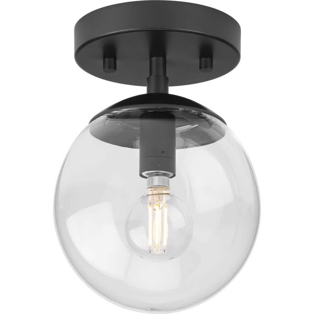 Progress Lighting Atwell 1-Light Flush Mount Ceiling Light in Matte Black with Clear Glass Globe Shade