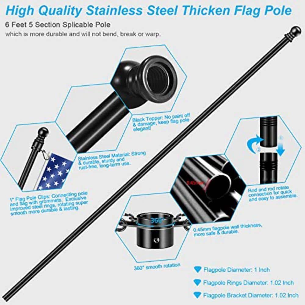 6 FT Flag Pole Kit with Mutil-Position Adjustable Bracket & Spinning Flagpole Rings, 1" Thicken Stainless Steel Metal Flag Poles for 3x5 Flag Outside House Wall Post Mount (6 FT, w/180° Black Bracket)