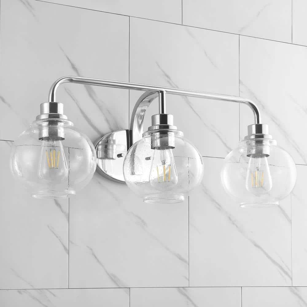 JONATHAN Y JYL7528B Sandrine 26.25" 3-Light Iron/Seeded Glass Cottage Rustic LED Vanity Light Classic 2700K LED 4W Bulbs Entryway Lobby Kitchen Bathroom Bedroom Living Room Hallway, Chrome