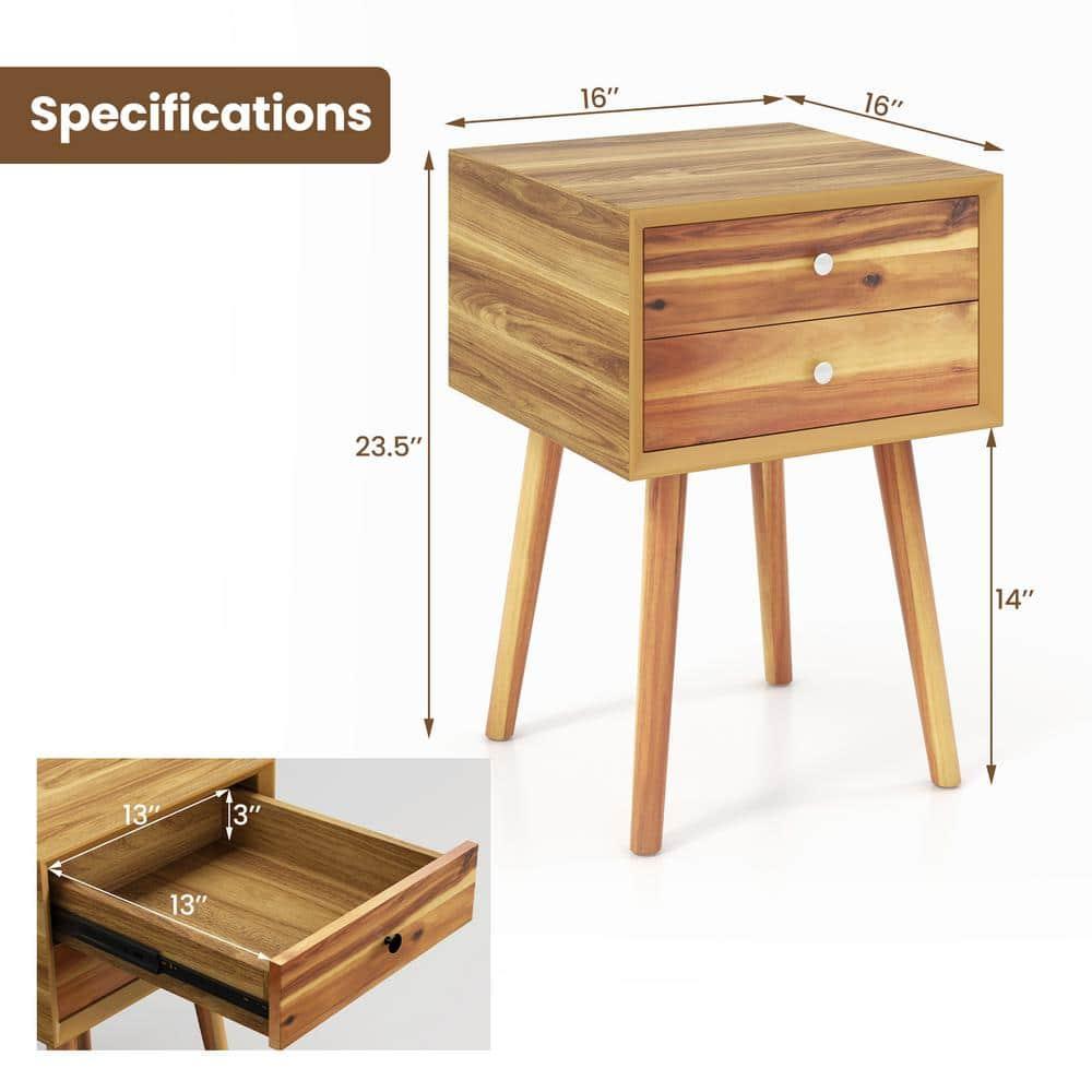 Tangkula Wooden Nightstand with 2 Storage Drawers Accent End Side Table for Bedroom&Living room Natural
