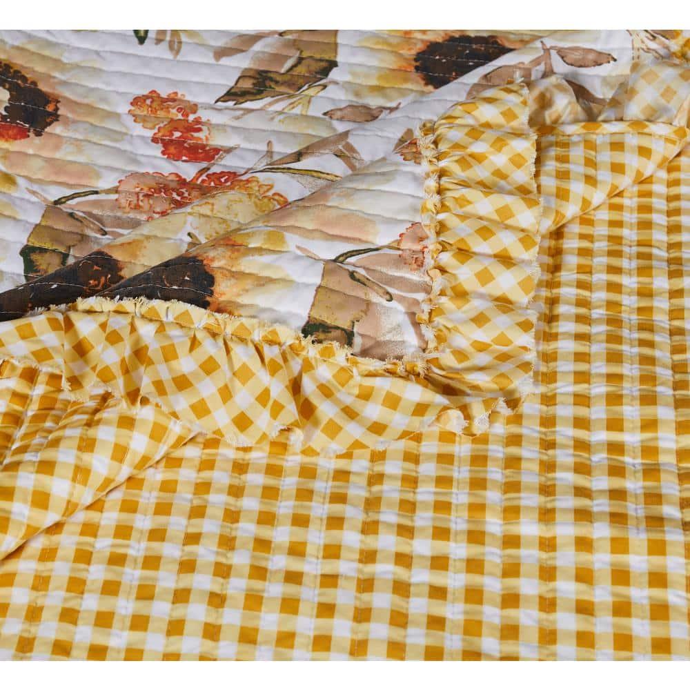 Greenland Home Fashions Somerset Sunflower Reversible Quilted Throw with Gingham Ruffles