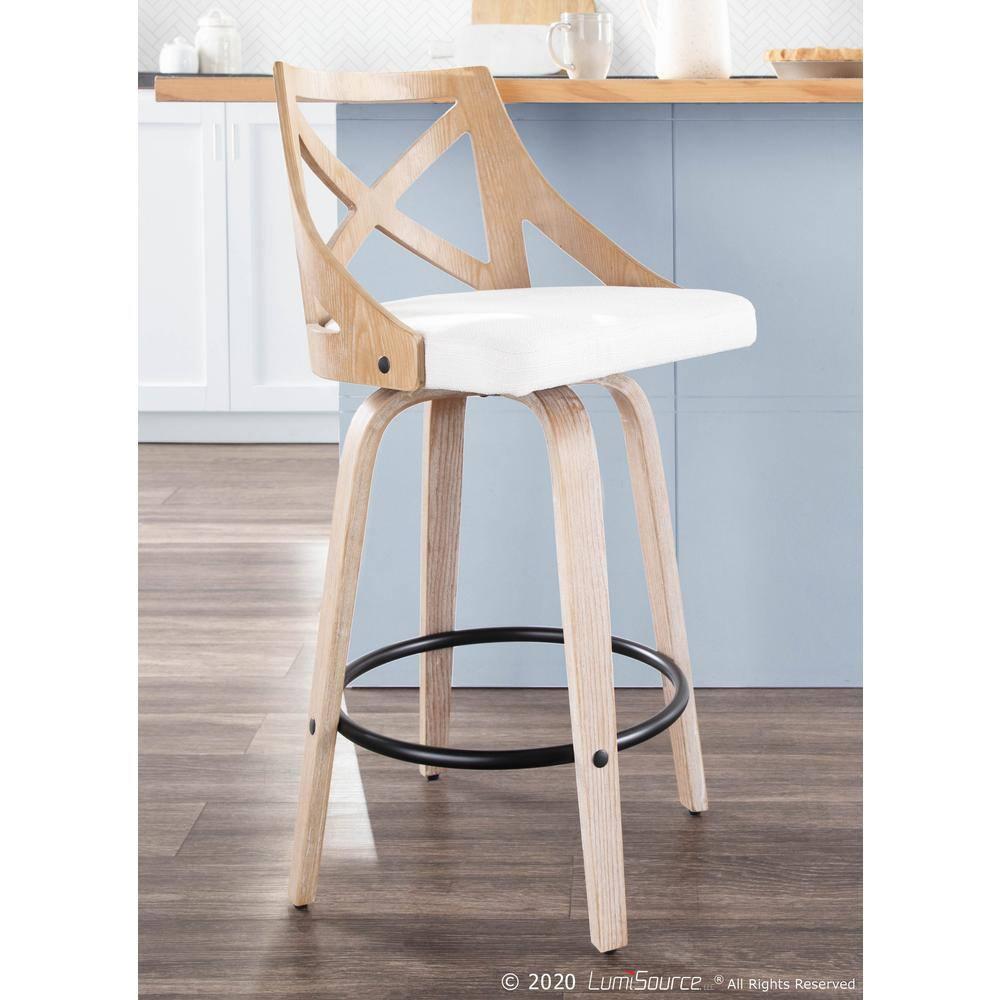 LumiSource White Washed Wood, Black Metal, Cream Fabric Charlotte Counter Stool - Set of 2