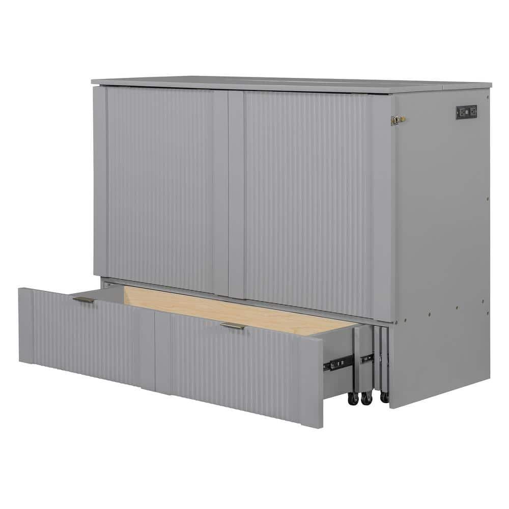 Gray Wood Frame Full Size Murphy Bed with A Spacious Drawer, USB Ports and Sockets, Pulley Structure Design