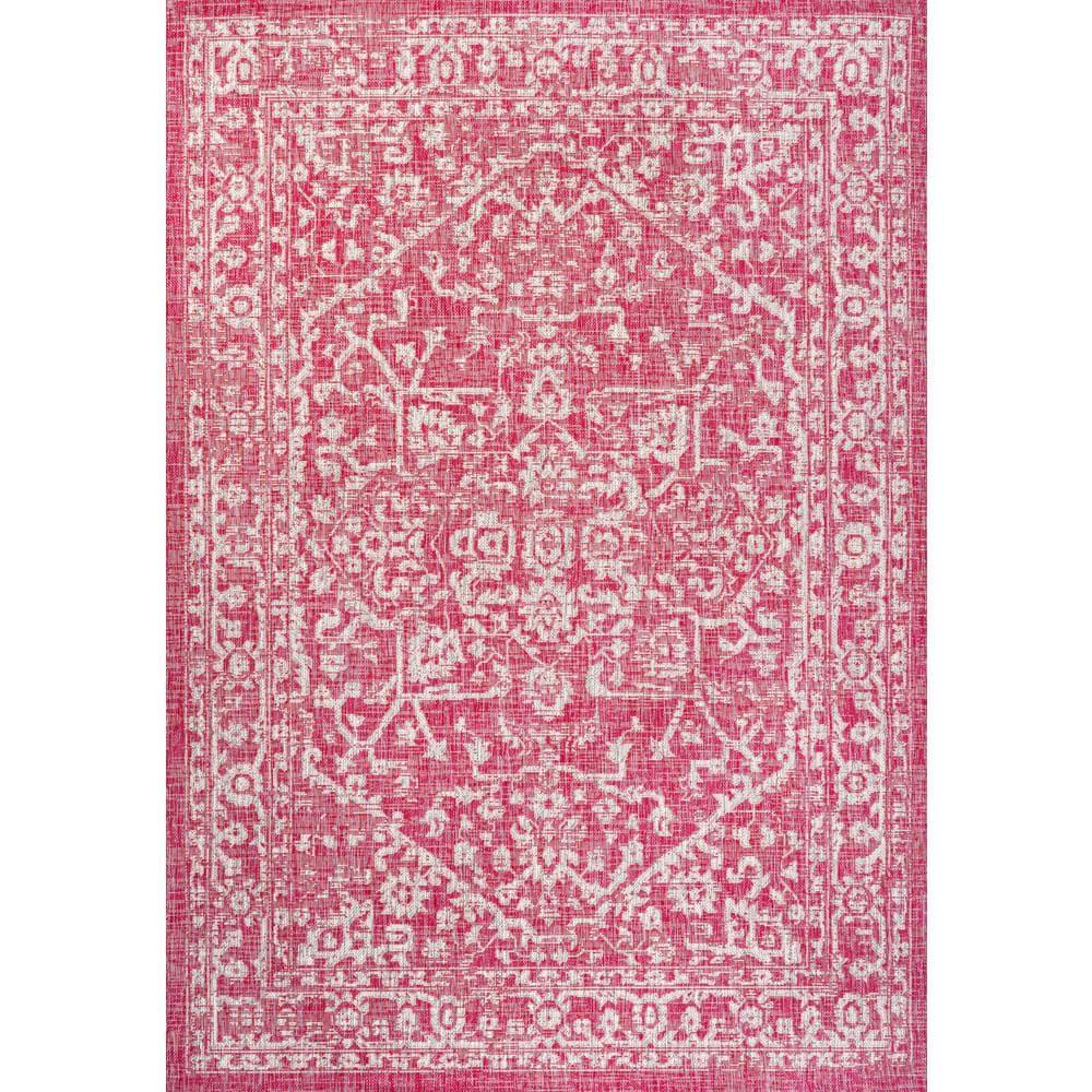 9' x 12' Malta Bohemian Medallion Textured Weave Indoor/Outdoor Area Rug, Fuchsia/Light Gray - JONATHAN Y