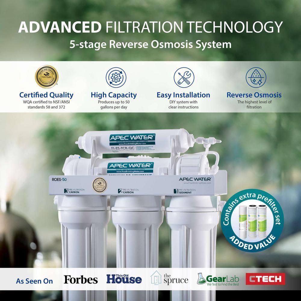 APEC Water Systems ROES-50 Essence Series Top Tier 5-Stage WQA Certified Ultra Safe Reverse Osmosis Drinking Water Filter System with Extra High Capacity Pre-Filter Set Stage 1-3 RO Value Bundle