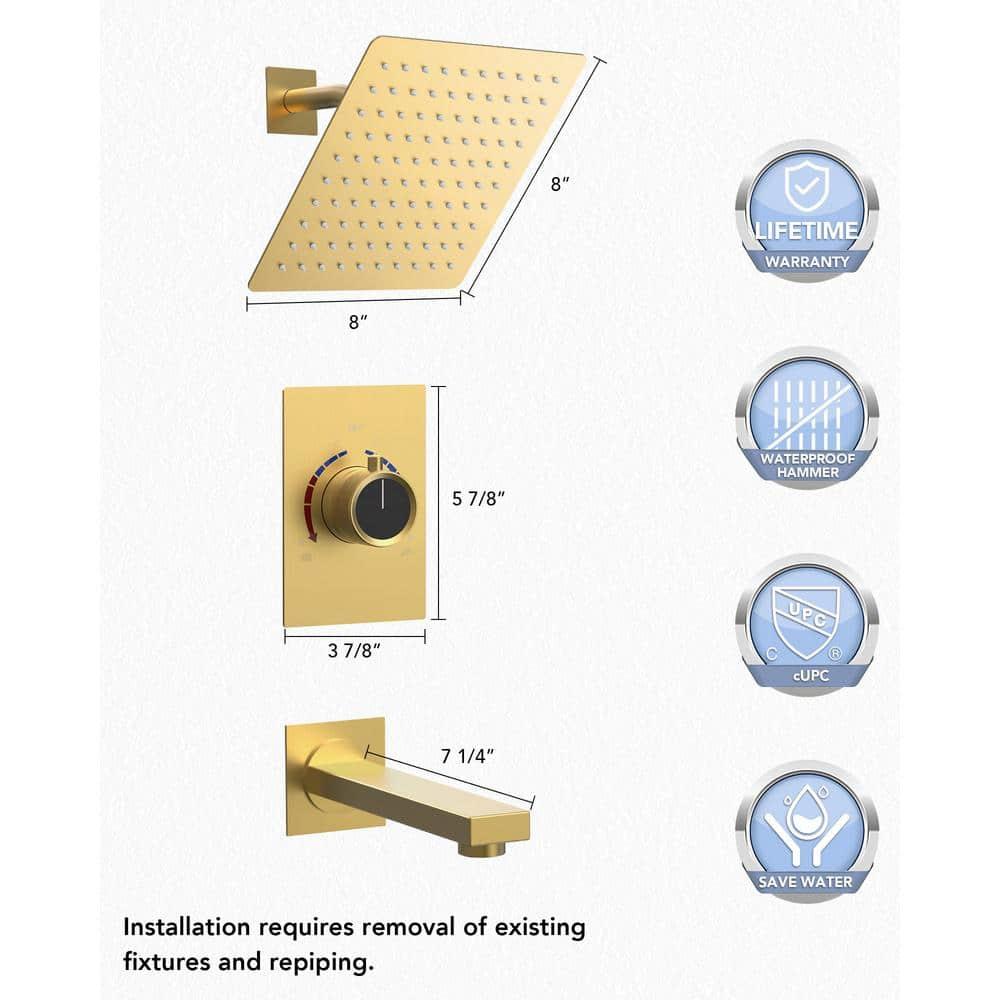 EVERSTEIN AquaSpa Shower Faucet Set with Tub Spout, 8-Inch Rain Shower Head with Valve SFS-1035-GD8