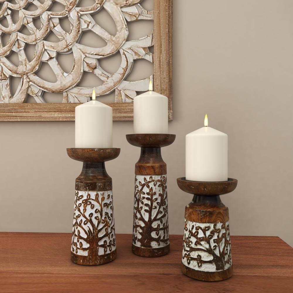DecMode 3 Candle Brown Mango Wood Handmade Candle Holder, Set of 3