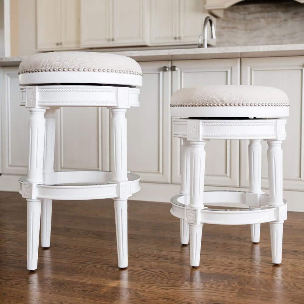 Maven Lane Pullman 31 Inch Tall Backless Alabaster White Finish Bar Height Upholstered Barstool with Cream Fabric Cushion Seat, Set of 3