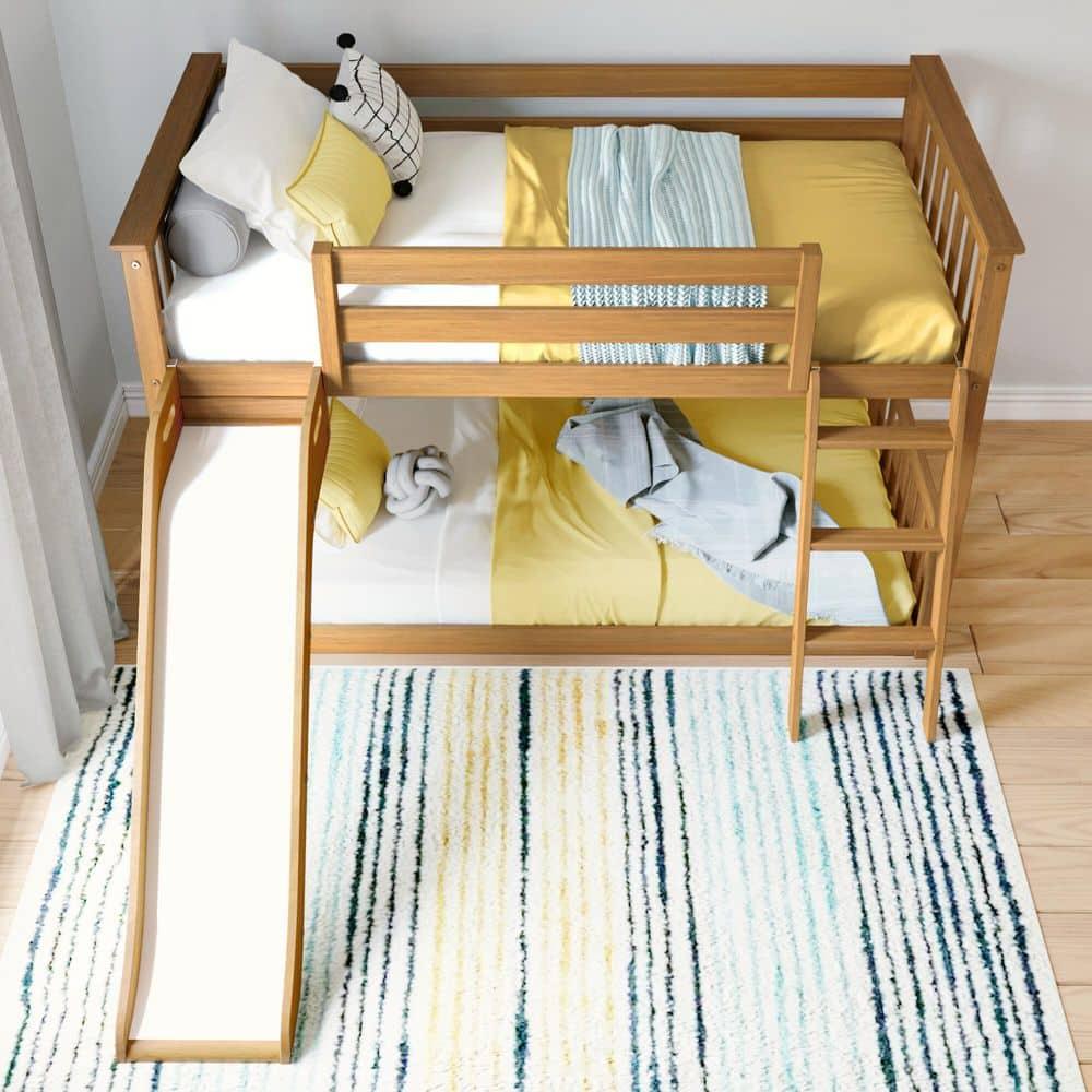 Max & Lily Twin Over Twin Low Bunk Bed with Slide, Solid Wood Kids Platform Bed with 14” Guardrails, Pecan