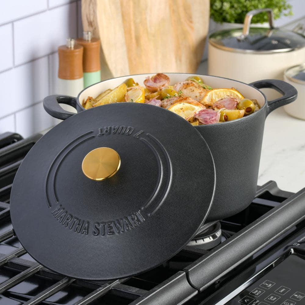 Martha Stewart Gatwick 7qt Enamel Cast Iron Dutch Oven Matte Black: Oven-Safe, Gas & Electric Compatible, 15" Diameter