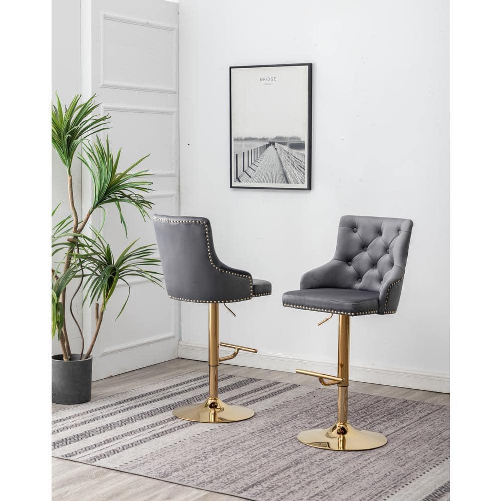 Brightcast 2-piece Velvet Tufted Gold Bar Stools in Dark Gray