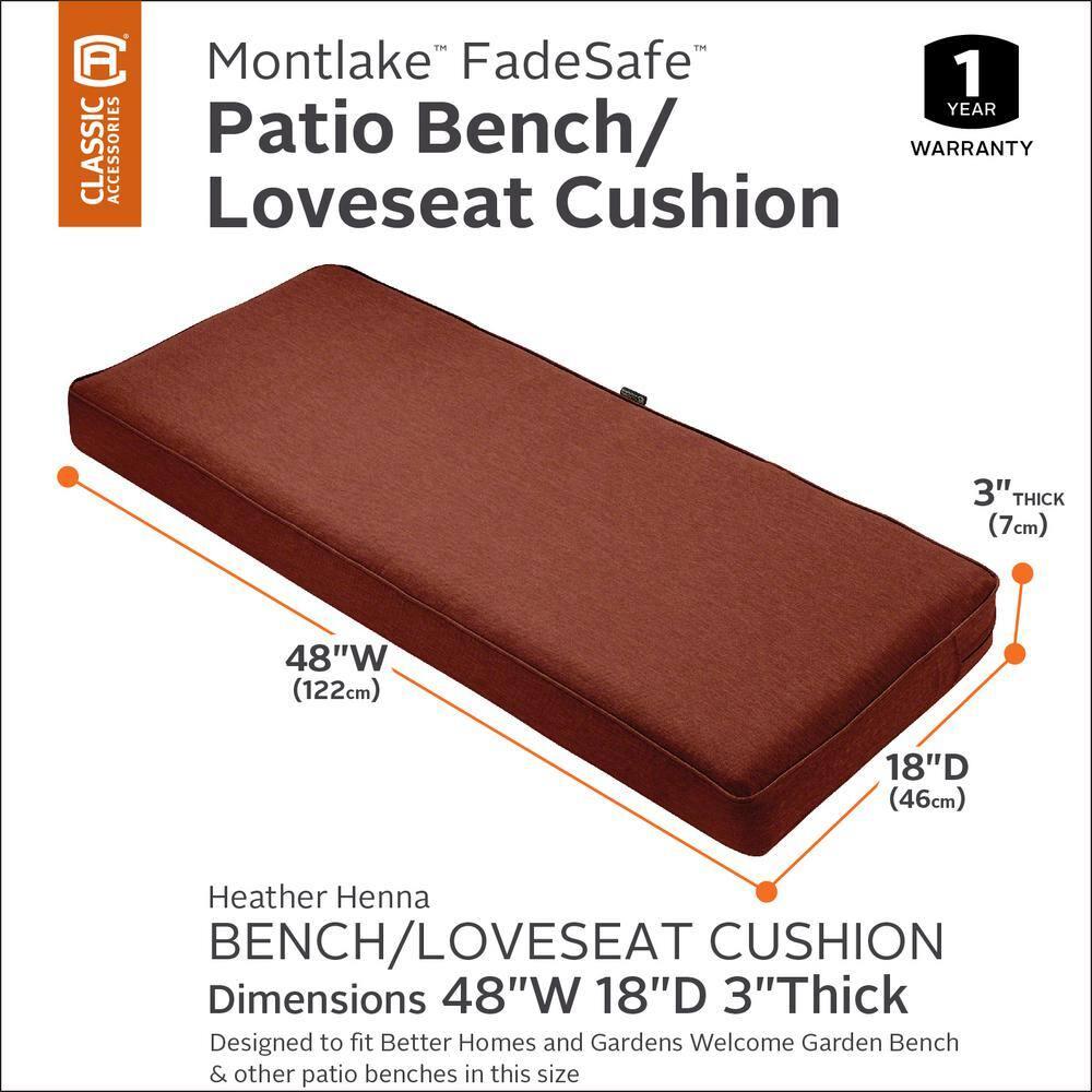 Classic Accessories Montlake FadeSafe Water-Repellent 48 x 18 x 3 Inch Outdoor Bench Cushion, Heather Henna