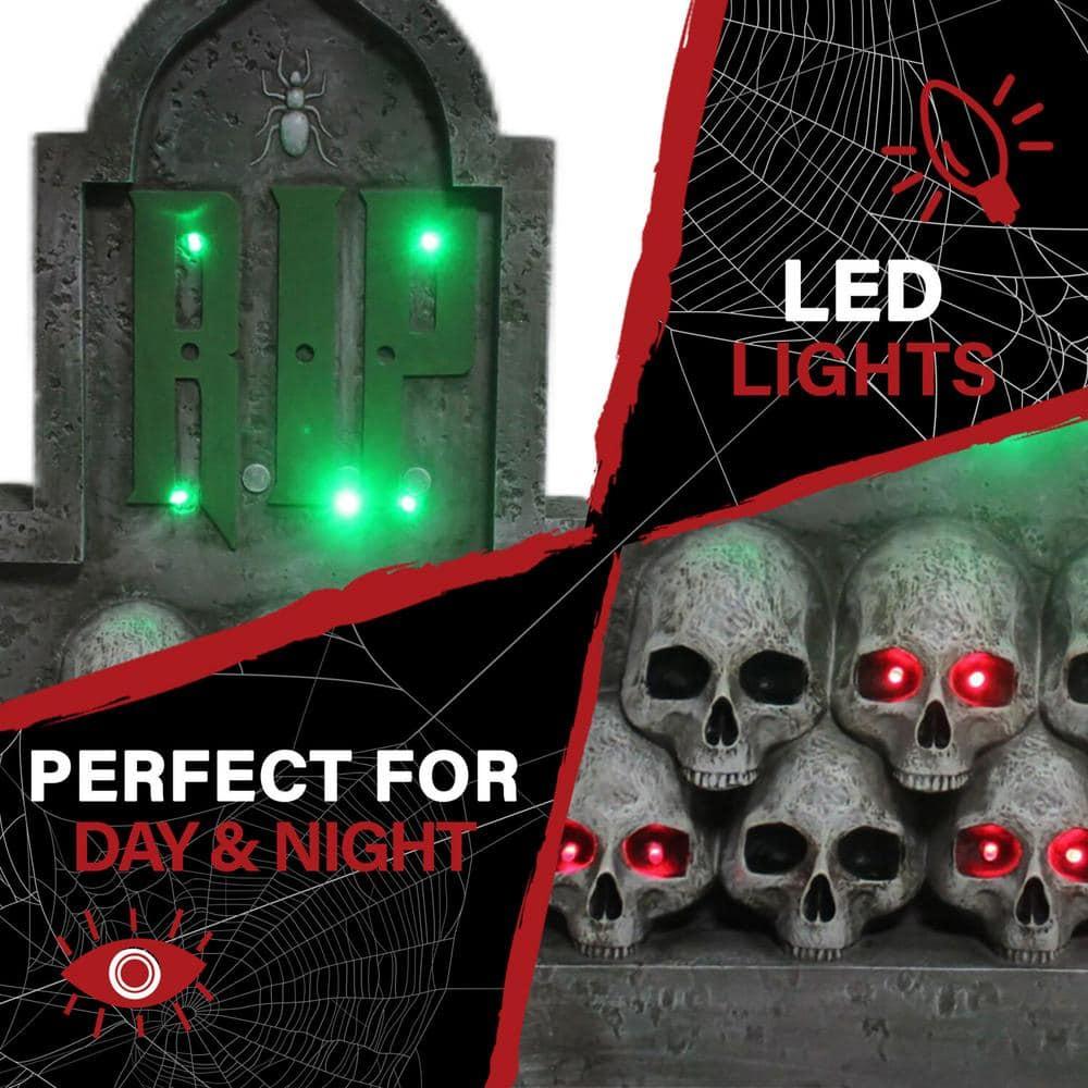 Haunted Hill Farm Haunted Hill Farm 2 ft. RIP Tombstone with Skulls, Pre-Lit LED RIP and Skull Eyes Gothic Décor
