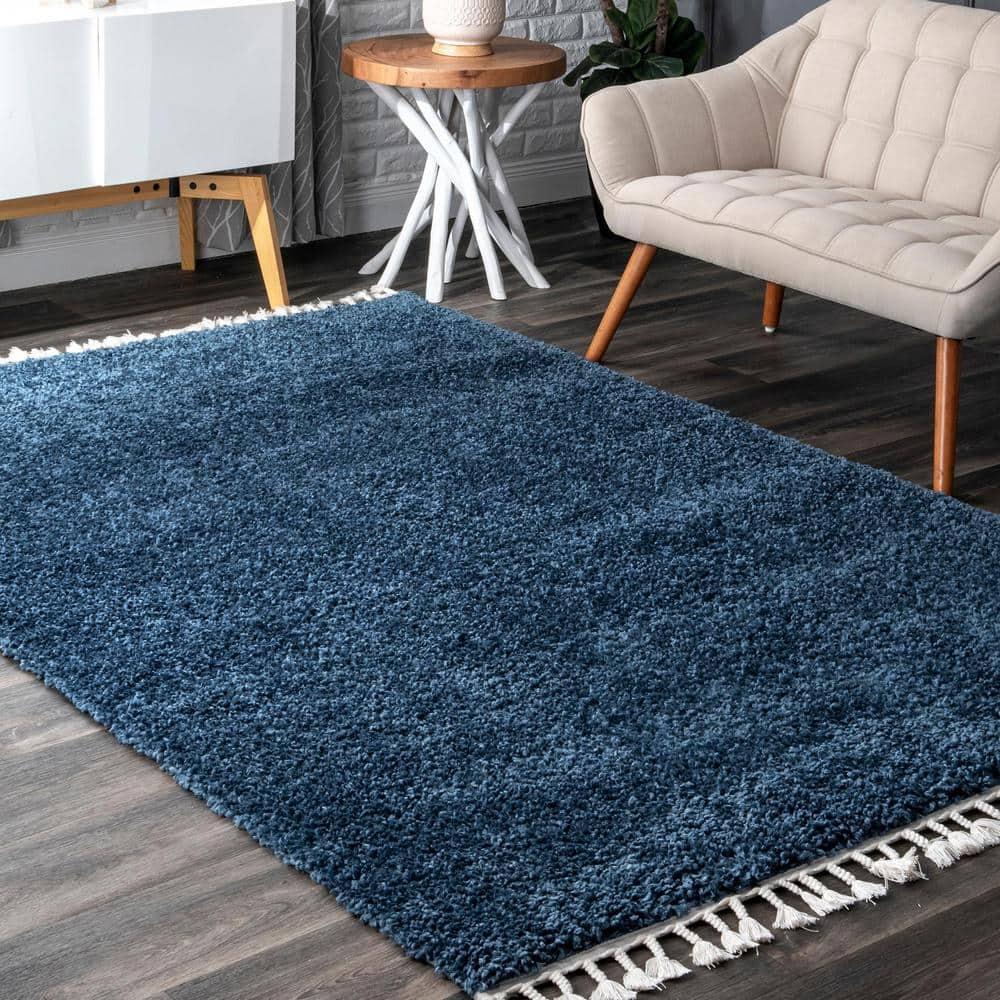 Nuloom Neva Solid 7x9 Shag Indoor Area Rug for Living Room Bedroom Dining Room Nursery, Navy/Ivory