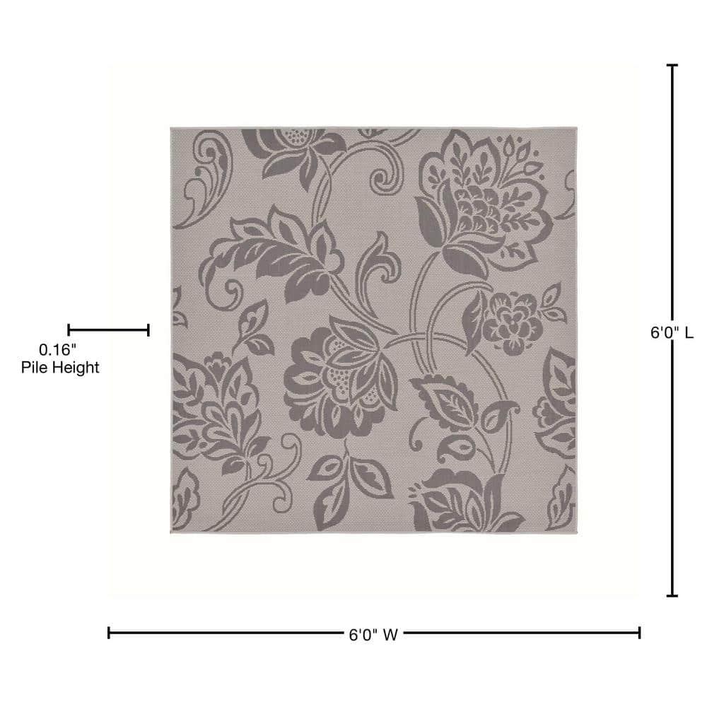 Unique Loom 6' 1 x 6' 1 Square Gray Outdoor Botanical Floral Area Rug