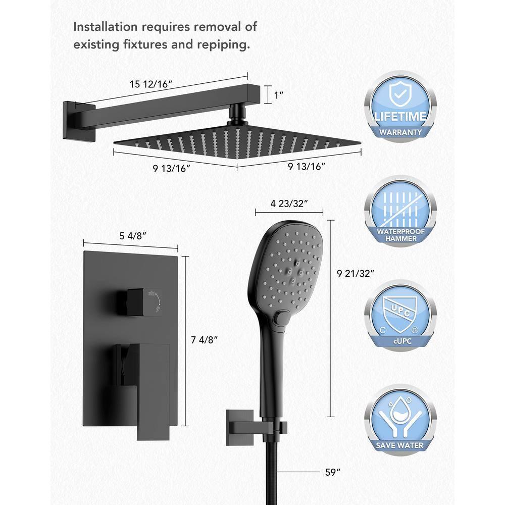 YAWWALK 10" Shower Head with 3-Spray Patterns Handheld in Matte Black (Valve Included)