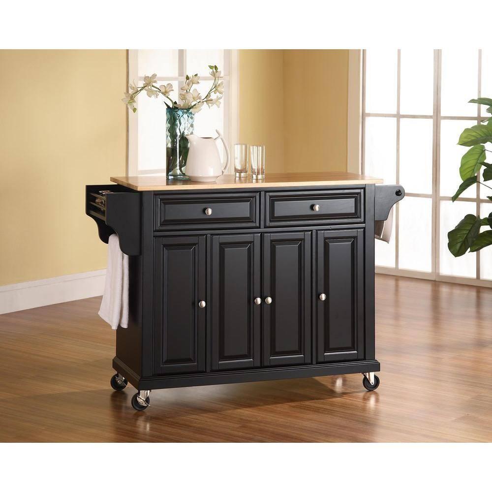 Full Size Wood Top Kitchen Cart Black - Crosley: Mobile Storage, 3 Cabinets, Spice Rack