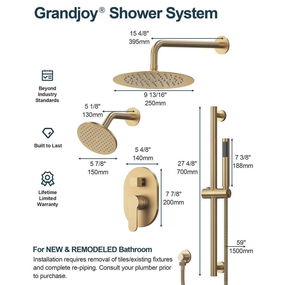 GRANDJOY Complete Shower System, 10" and 6" Dual Wall Mount Rain Shower Faucets with Handheld Shower Spray, High Pressure in Brushed Gold