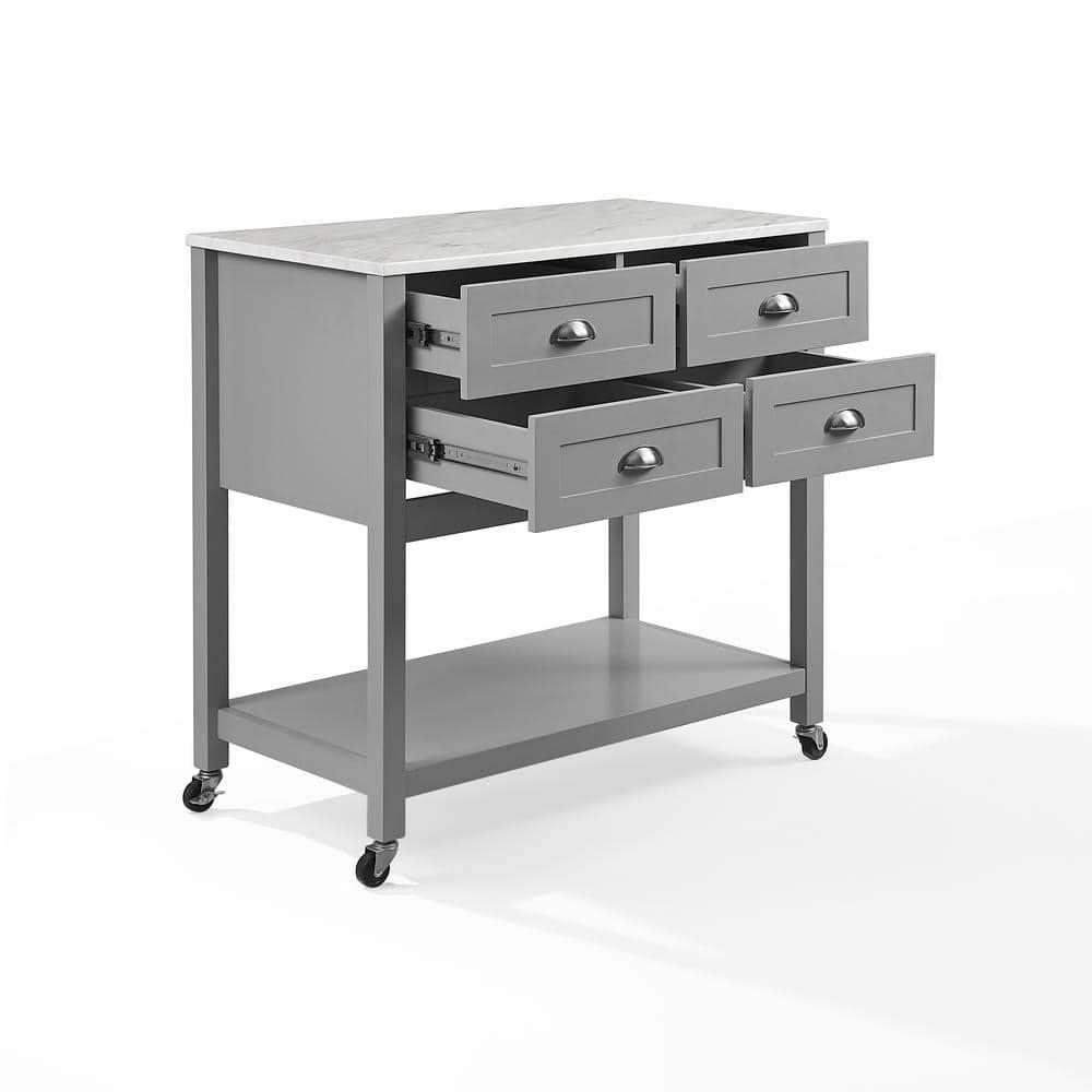 Connell Kitchen Island Cart Gray/White Marble - Crosley: Mobile Storage, 4 Drawers, Open Shelf, Locking Wheels