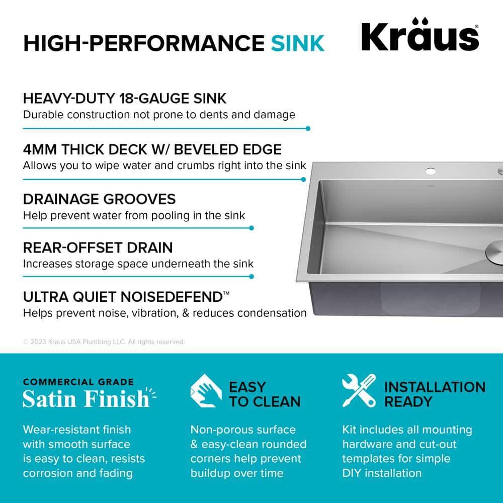 Loften 33 in. Drop-In Single Bowl 18 Gauge Stainless Steel Kitchen Sink with Accessories