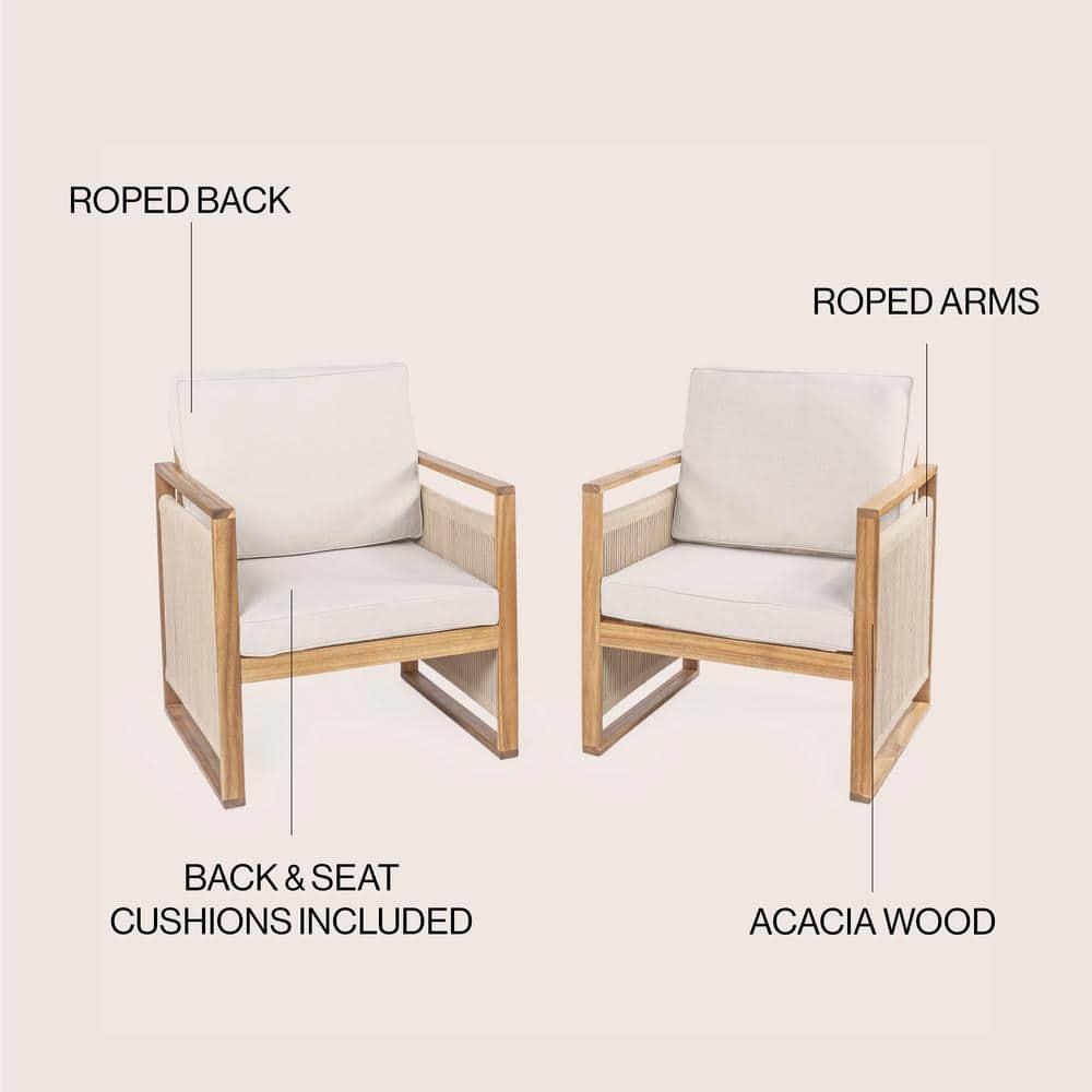 Gable Mid-Century Modern Roped Acacia Wood Outdoor Patio Chair with Cushions, Beige/Light Teak (Set of 2) - JONATHAN Y