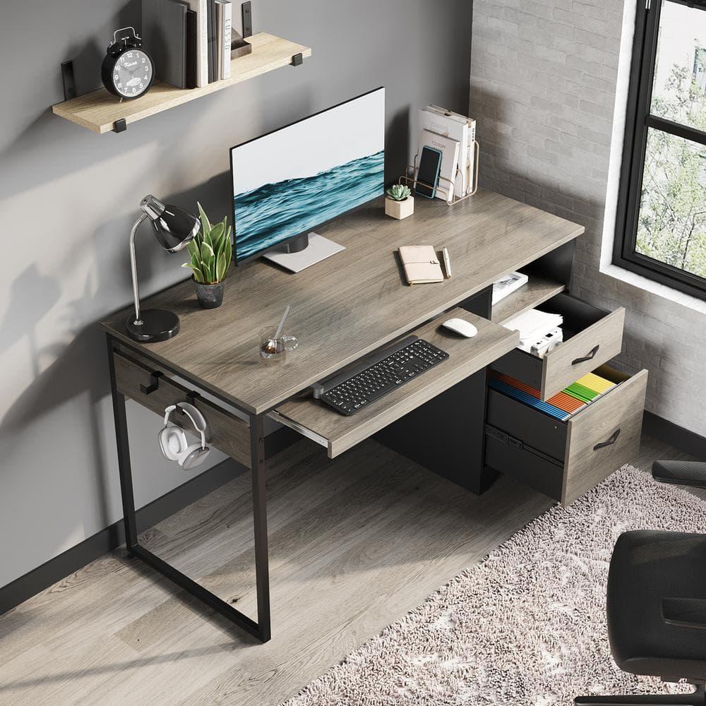 Bestier 48” Office Desk with Drawers, Computer Writing Desk with Keyboard Tray & 2 Hooks for Home Office, Gray
