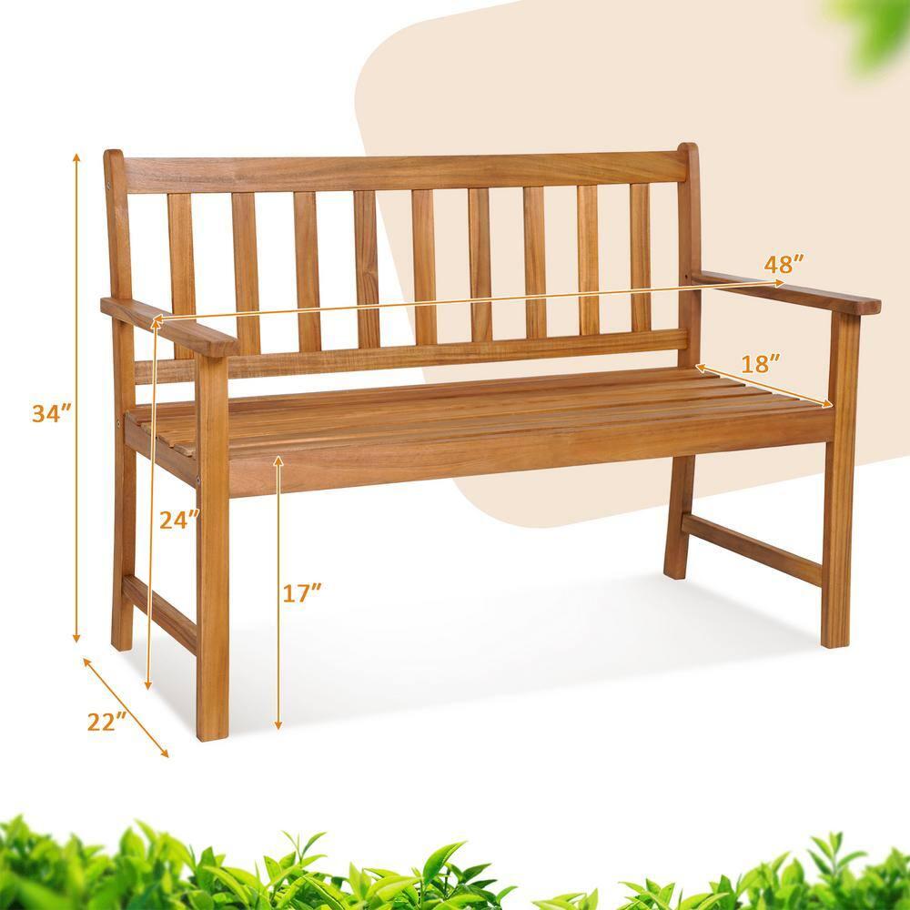 Natural Acacia Wood 2-Person Outdoor Bench with Armrests