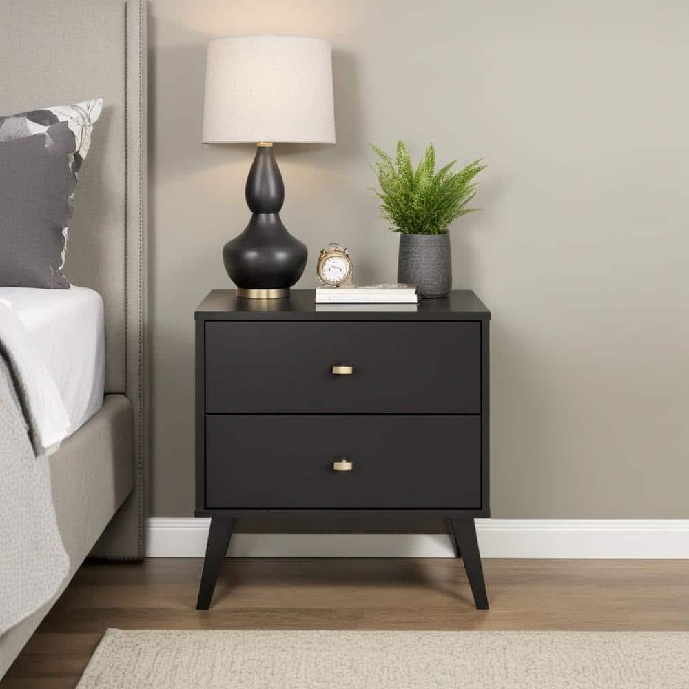 Mid Century Modern 2 Drawer Wide Nightstand Black - Prepac: Sleek Bedside Furniture, Tapered Legs