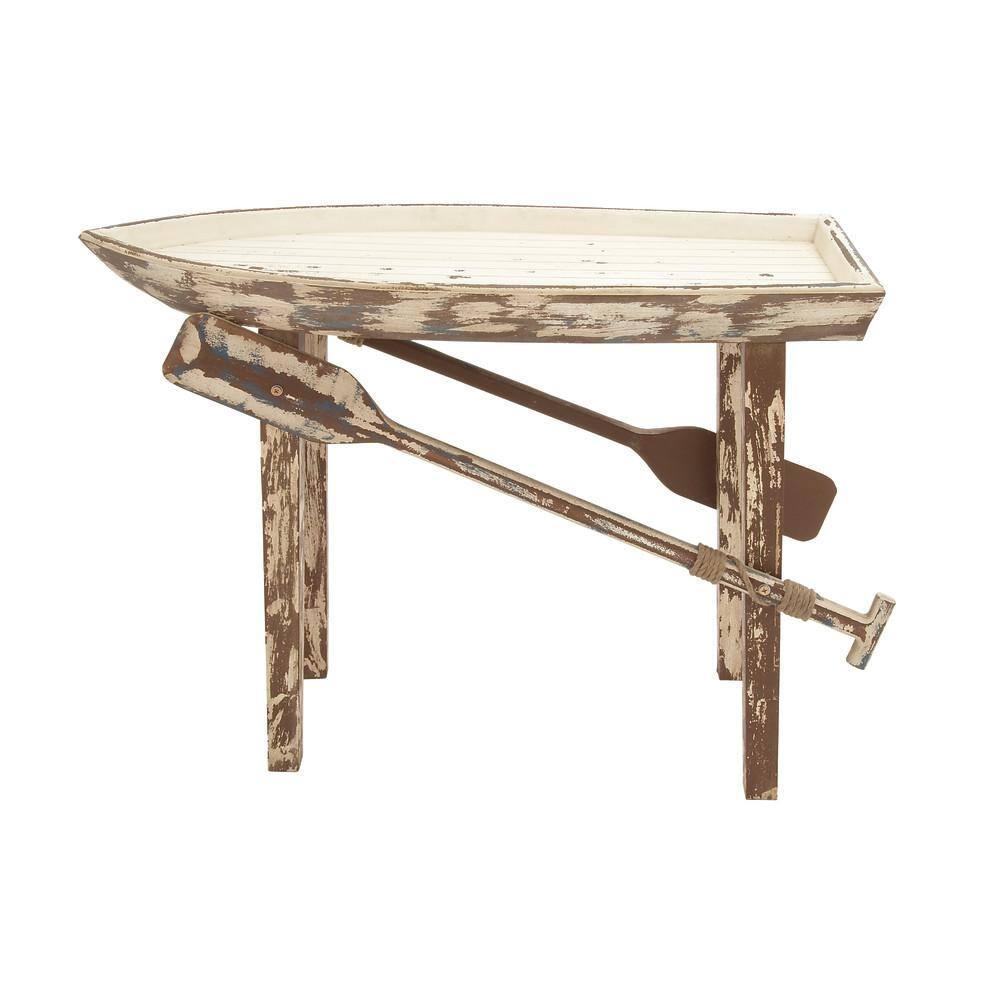 DecMode 49" x 33" White Wood Distressed Tray Top Boat Accent Table with Oar Detailed Legs, 1-Piece