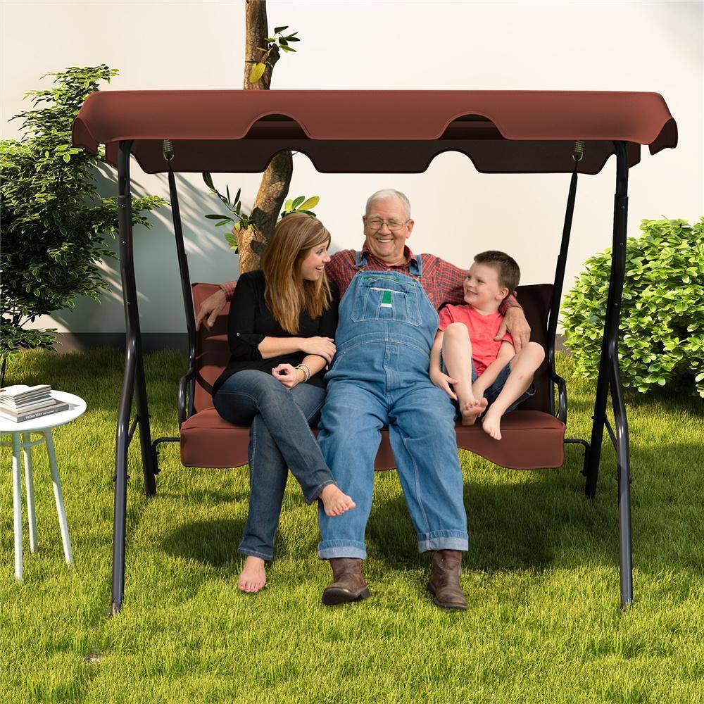 Tangkula 3 Person Porch Swing, Patio Swing with Removable Cushion & Powder-Coated Steel Frame, Outdoor Swing with Canopy for Porch, Backyard, Garden, Balcony (Coffee)