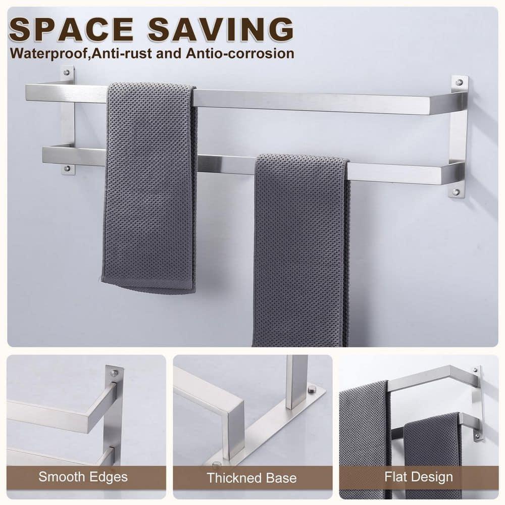 2-Tier Stainless Steel Wall Mounted Square Towel Rack With Concealed Mounting Hardware Staggered Two Rod Towel Rack